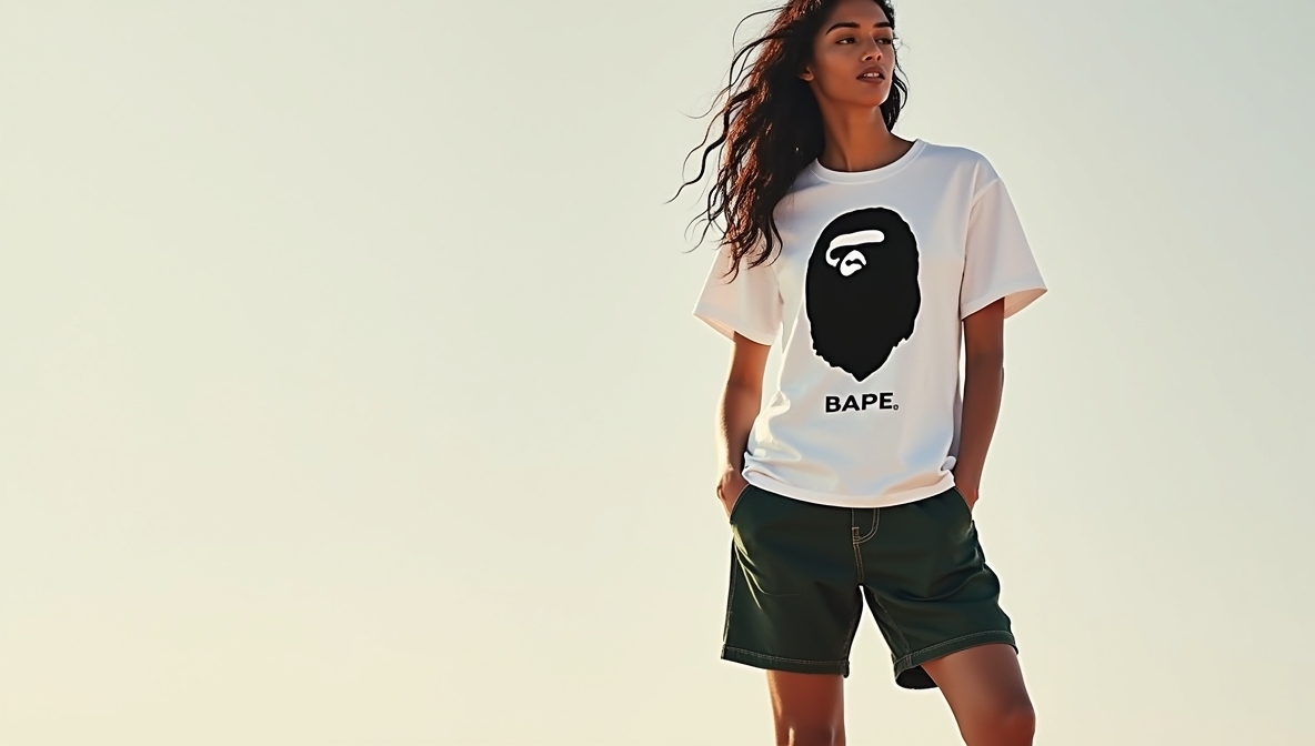 Editorial banner showcasing BAPE shorts: camo and Shark graphics
